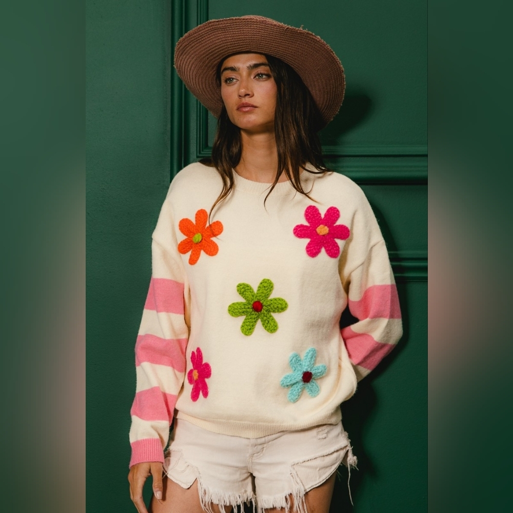 BiBi Colorful Floral Patched Sweater with Striped Sleeve - Picture 6 of 15